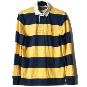 Polo Long Sleeve Rugby Polo Shirt S Classic Fit Navy Yellow Stripe White Collar